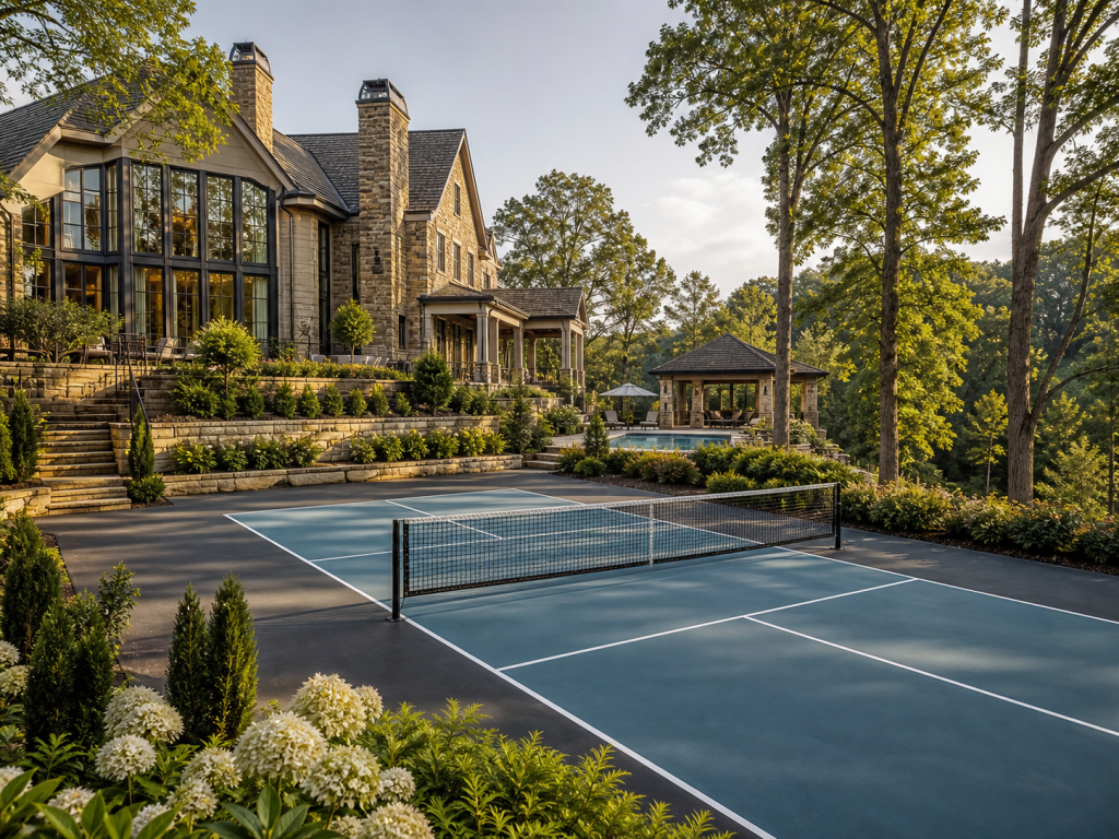 pickleball court at a custom luxury home in a private neighborhood