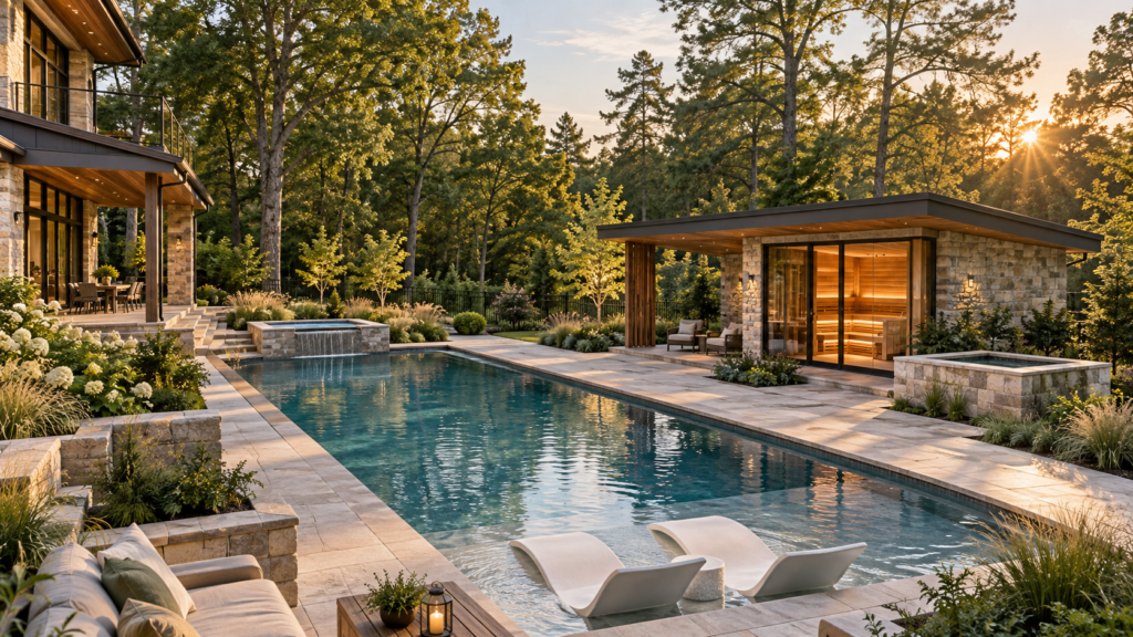 Concept of a wooded luxury estate with a pool, glass-front sauna pavilion, separate cold plunge, and landscaped lounge terrace.